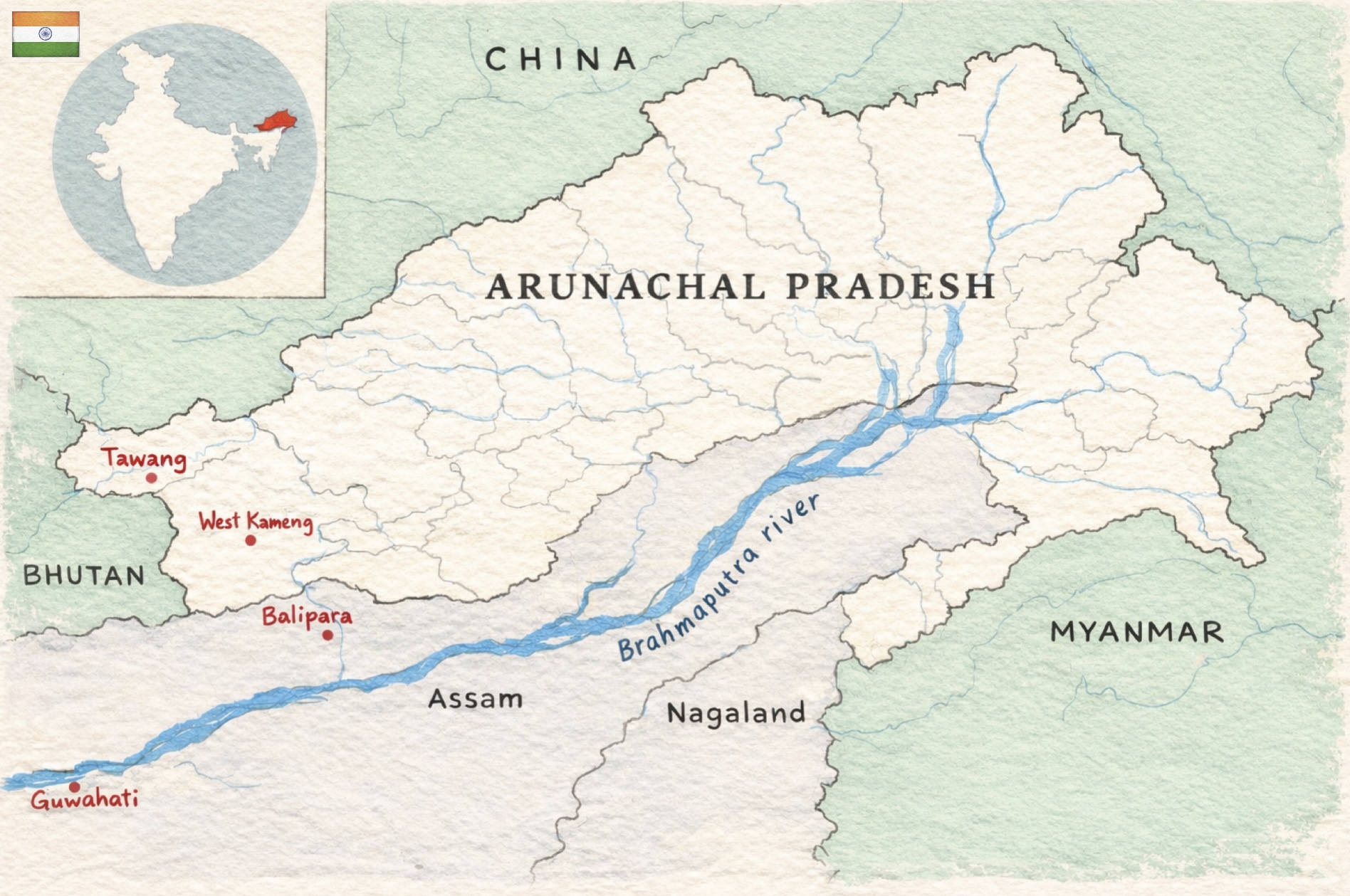 Watercolour map of Arunachal Pradesh
